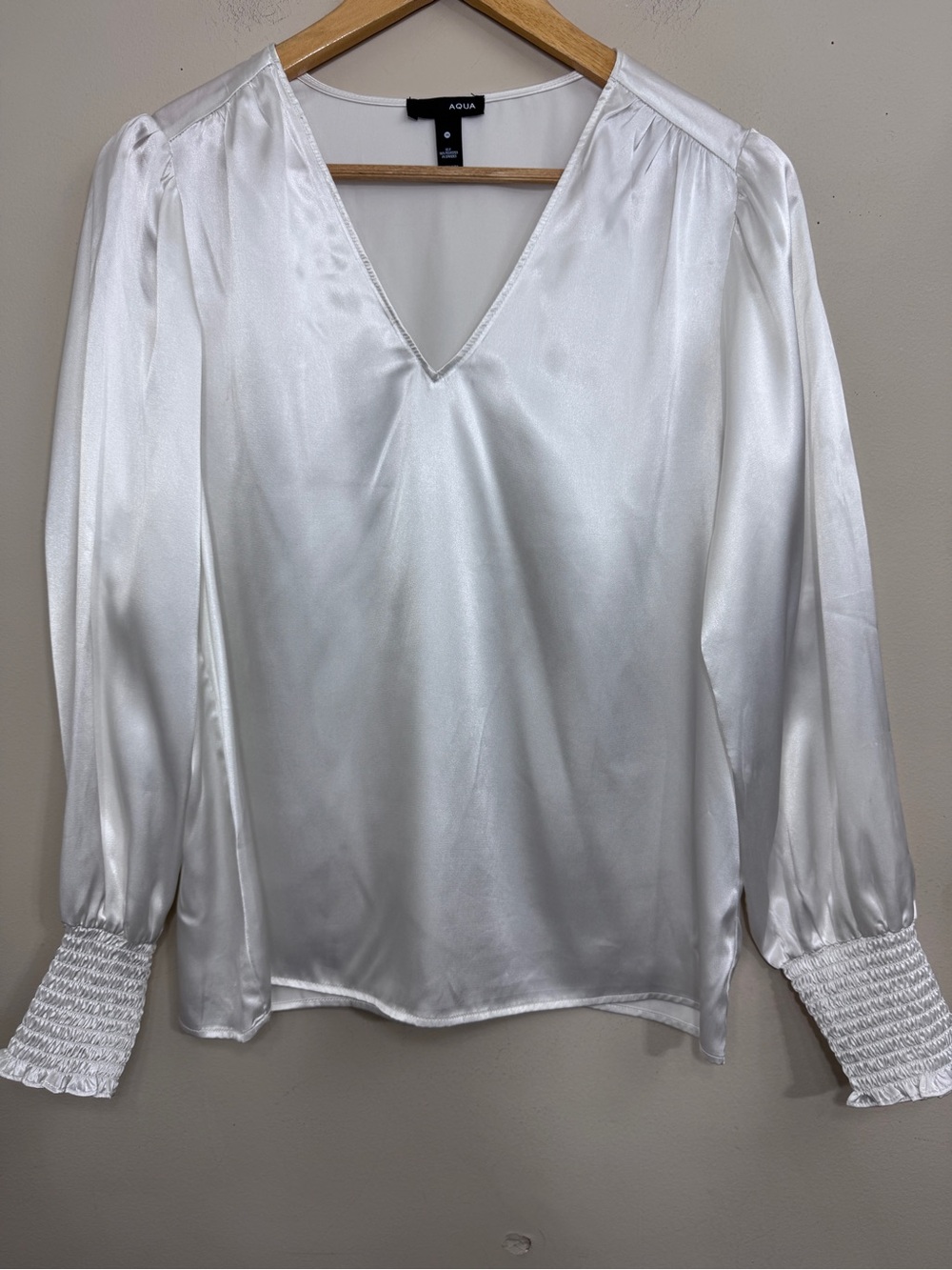 NWT Aqua White Satin V-Neck Long Sleeve Blouse Smocked Cuffs size M Romantic